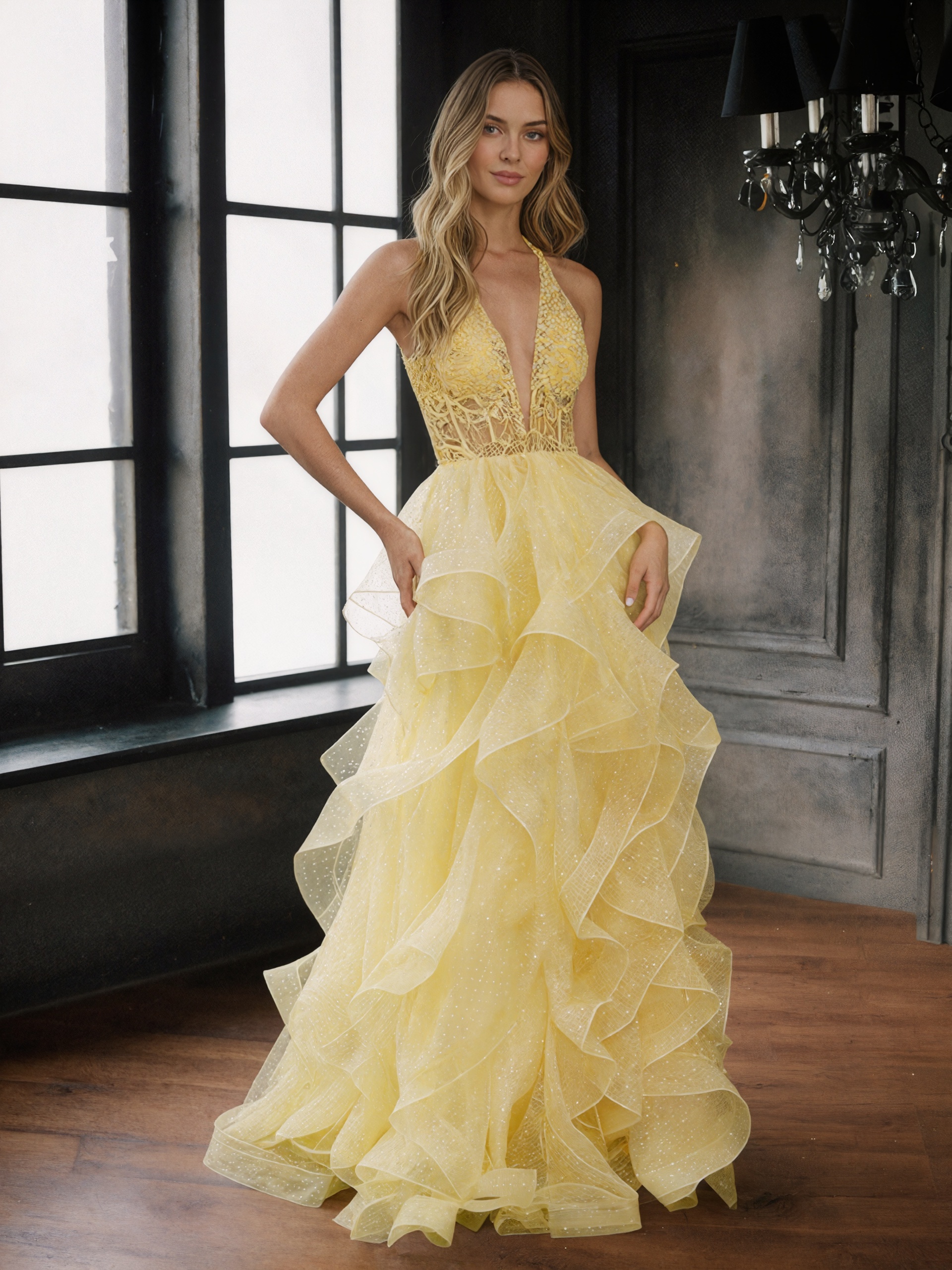 Halter Deep V-Neck Beaded Lace Tiered Tulle Prom Ball Gown