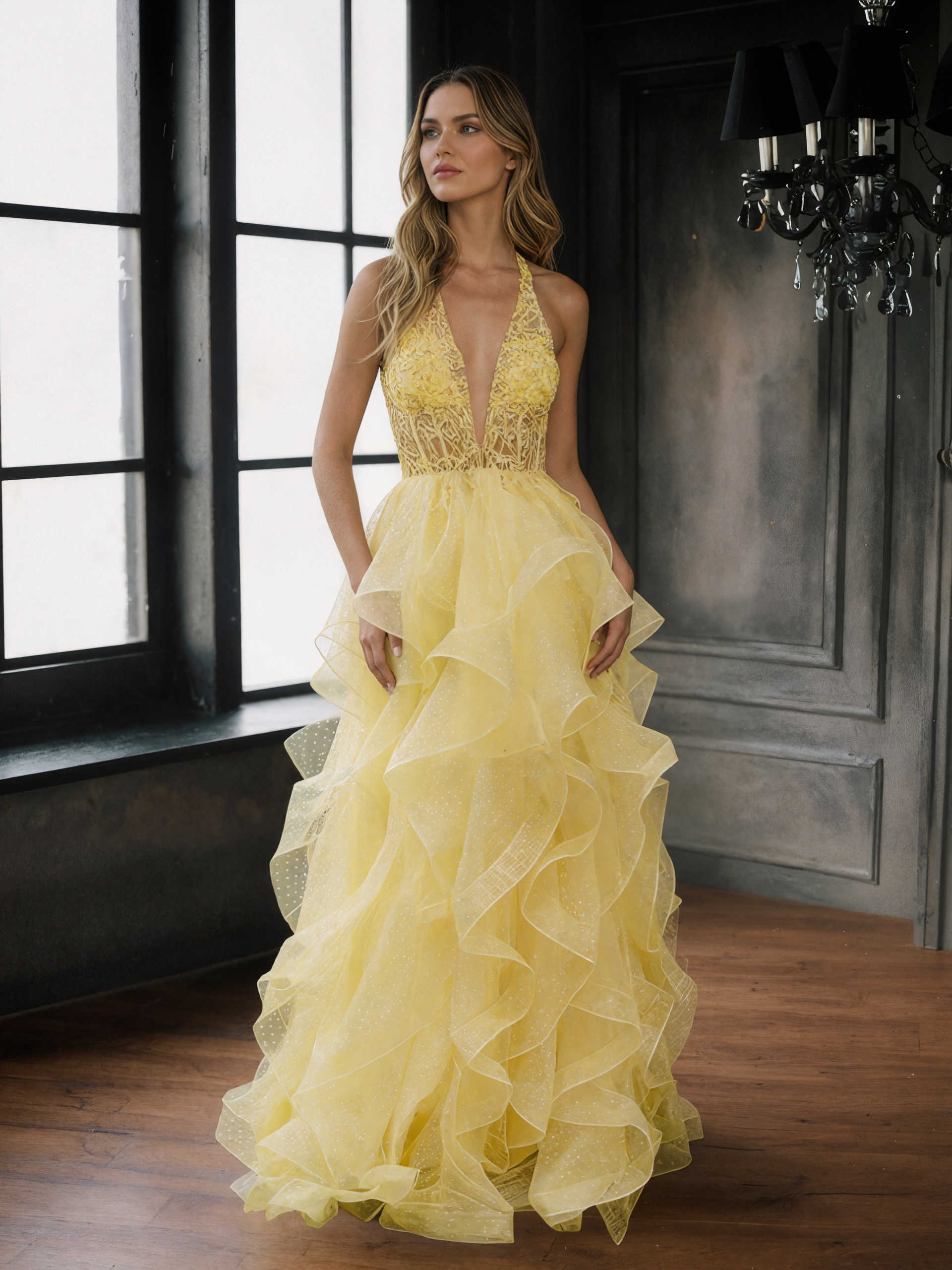 Halter Deep V-Neck Beaded Lace Tiered Tulle Prom Ball Gown