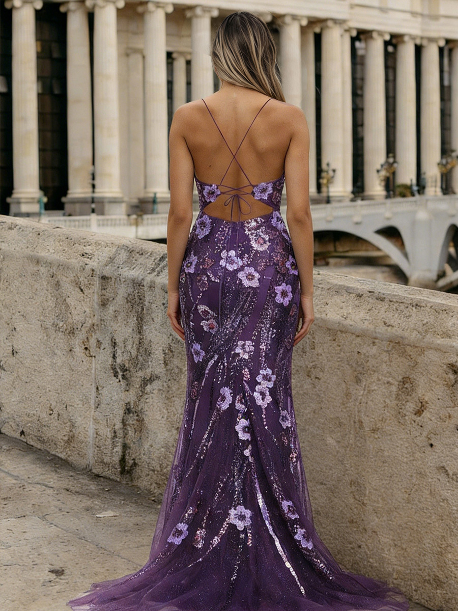 Elegant Spaghetti Strap Deep V Sequin Floral Embroidered Bodycon Mermaid High Slit Prom Gown