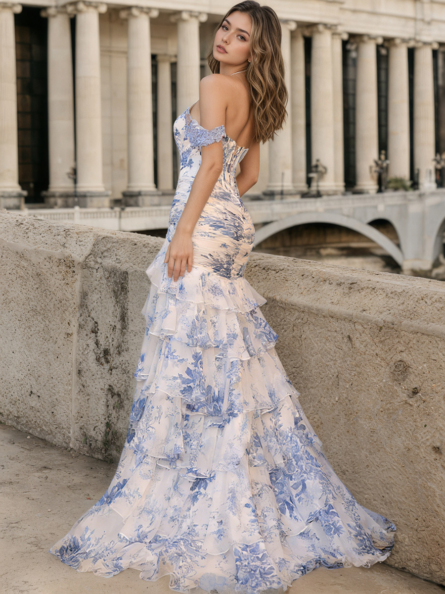 Off-the-Shoulder Floral Print Ruched Tiered Ruffle High Slit Train Prom Gown