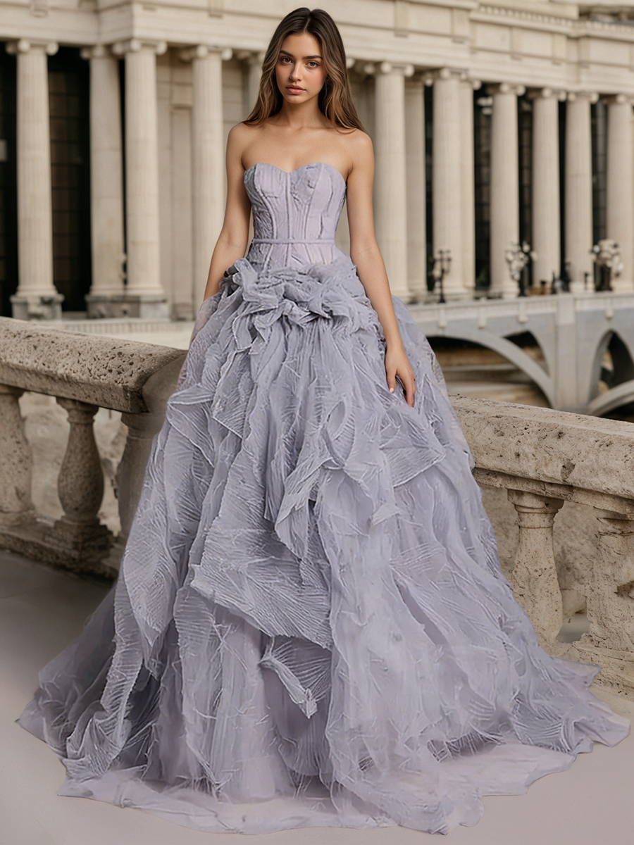 Elegant Strapless Corset Waist 3D Textured Tiered Tulle Prom Ball Gown