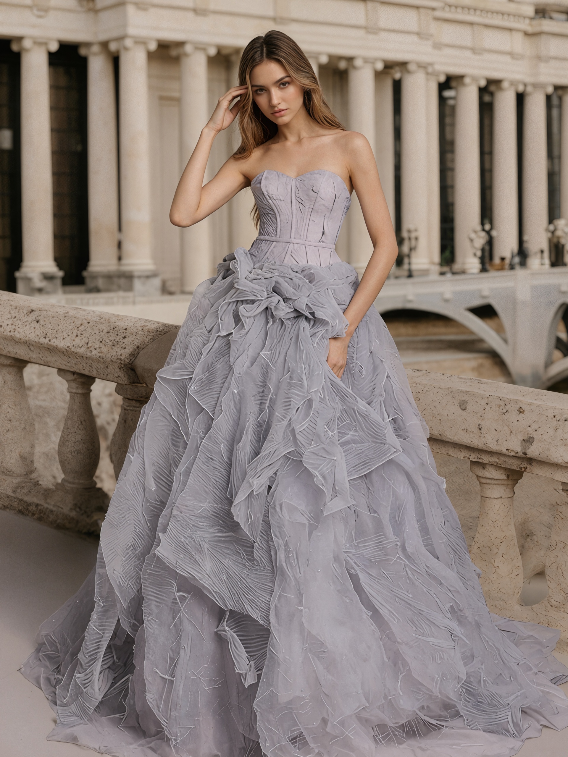 Elegant Strapless Corset Waist 3D Textured Tiered Tulle Prom Ball Gown