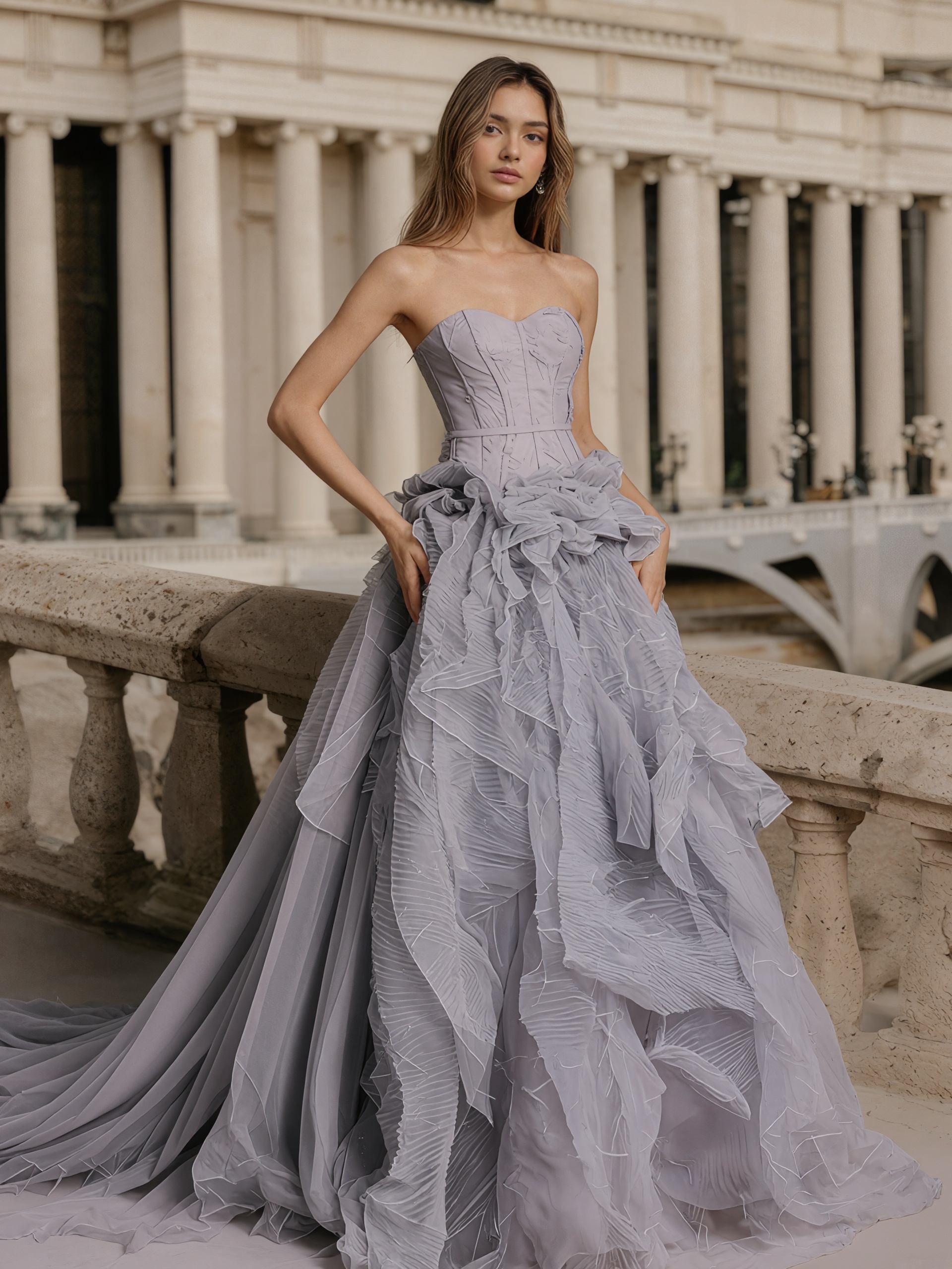 Elegant Strapless Corset Waist 3D Textured Tiered Tulle Prom Ball Gown