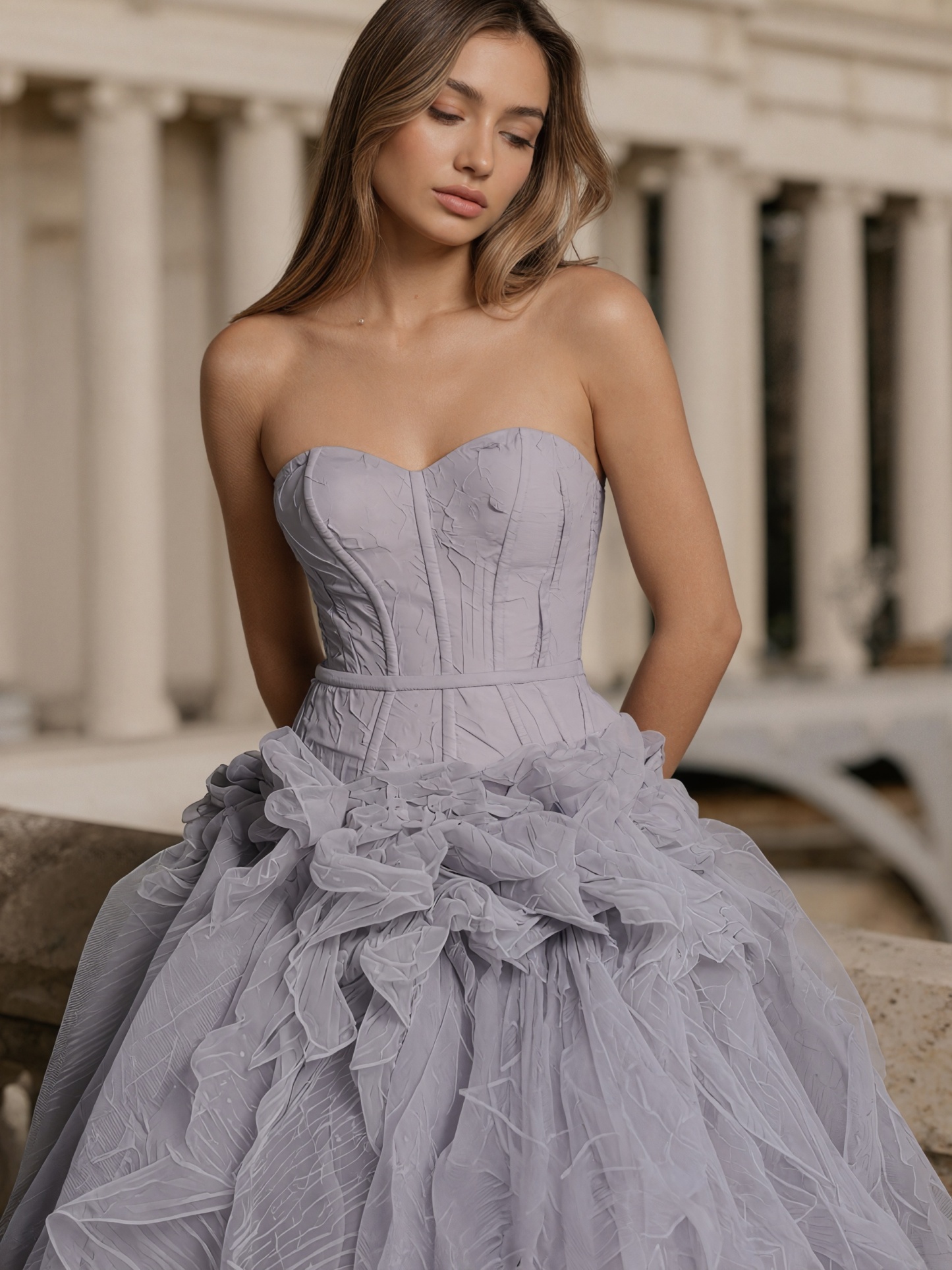 Elegant Strapless Corset Waist 3D Textured Tiered Tulle Prom Ball Gown