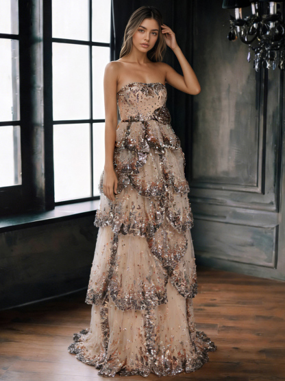 Elegant Strapless Glitter Tiered Sequin Tulle Prom Gown