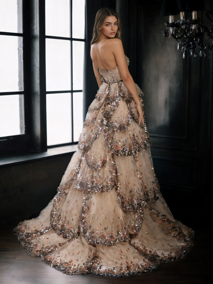 Elegant Strapless Glitter Tiered Sequin Tulle Prom Gown