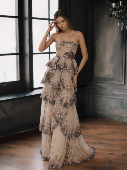 Elegant Strapless Glitter Tiered Sequin Tulle Prom Gown