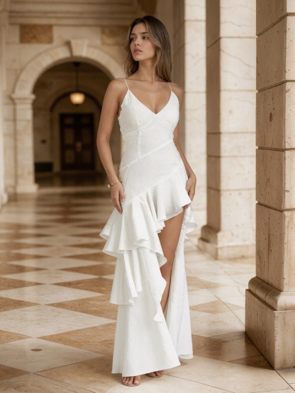 Sexy Spaghetti Strap Deep V Tiered Ruffle Chiffon High Slit Asymmetrical Prom Gown