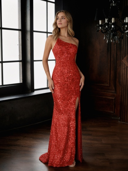 Mermaid One-Shoulder Sequin Mesh Floor-Length Dress with High Side Slit & Sweep Train for Prom & Gala Events