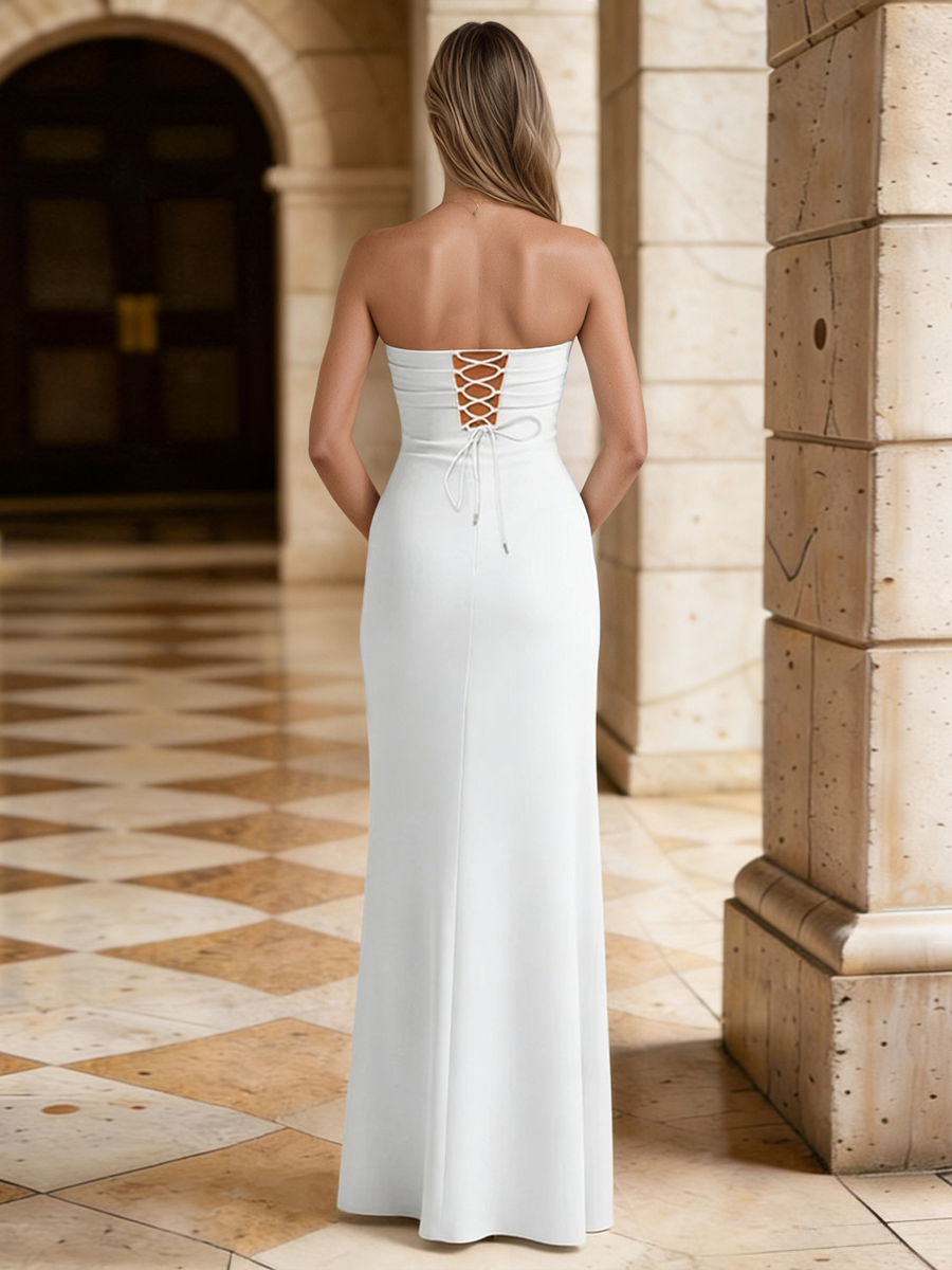 Sheath Strapless Crepe Floor-Length Dress with High Side Slit & Ruffled Detail for Gala & Wedding Events
