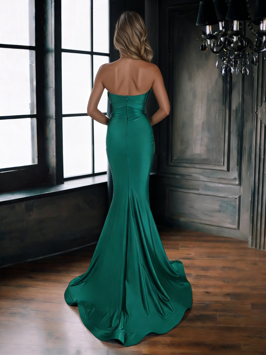 Mermaid Spaghetti Strap Sweetheart V-Neck Satin Floor-Length Dress with Ruched Bodice & Cathedral Train for Prom & Gala Events