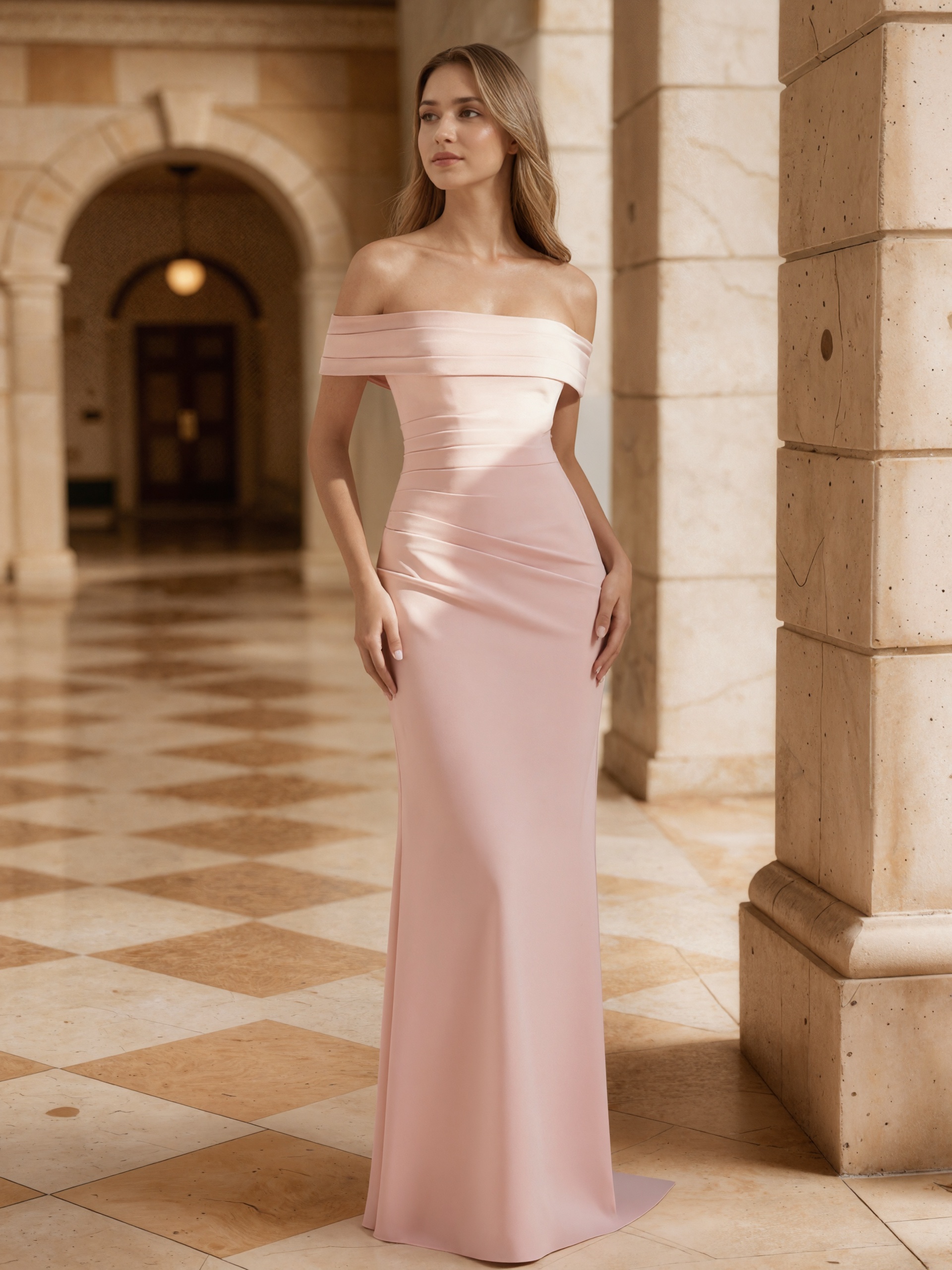 Sheath Off-the-Shoulder Floor-Length Dress with Ruched Waist, High Side Slit & Sweep Train for Prom & Gala Events