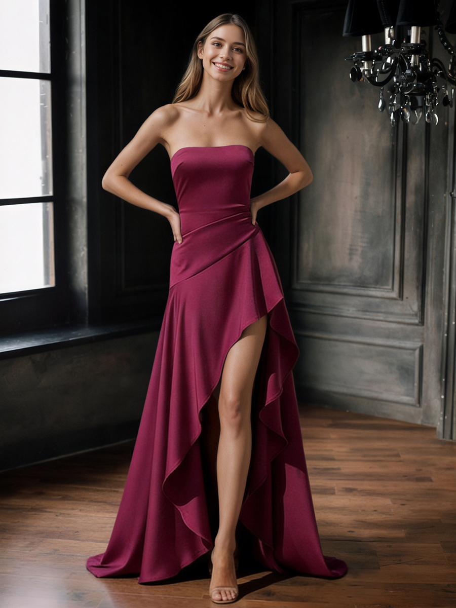A-Line Strapless Satin Floor-Length Dress with Ruffled Side Detail, High Slit & Sweep Train for Prom & Gala Events