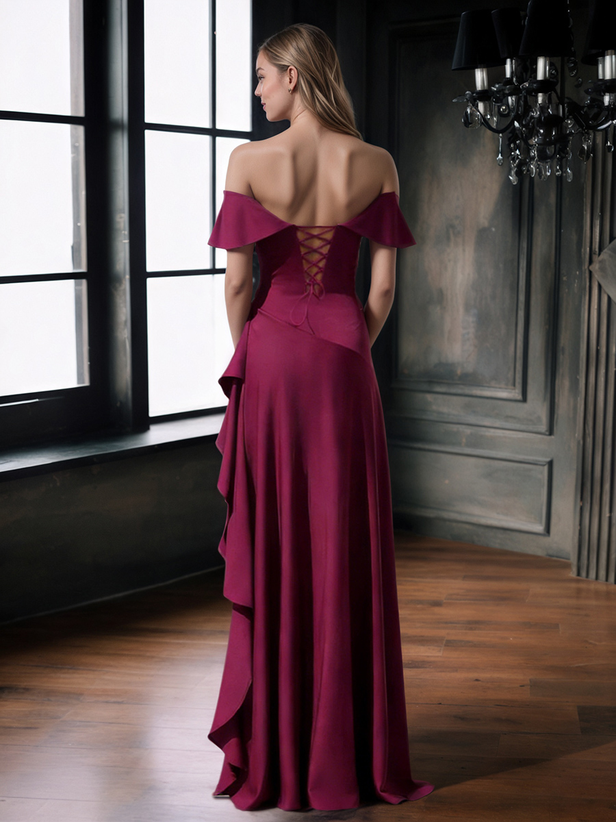 A-Line Strapless Satin Floor-Length Dress with Ruffled Side Detail, High Slit & Sweep Train for Prom & Gala Events