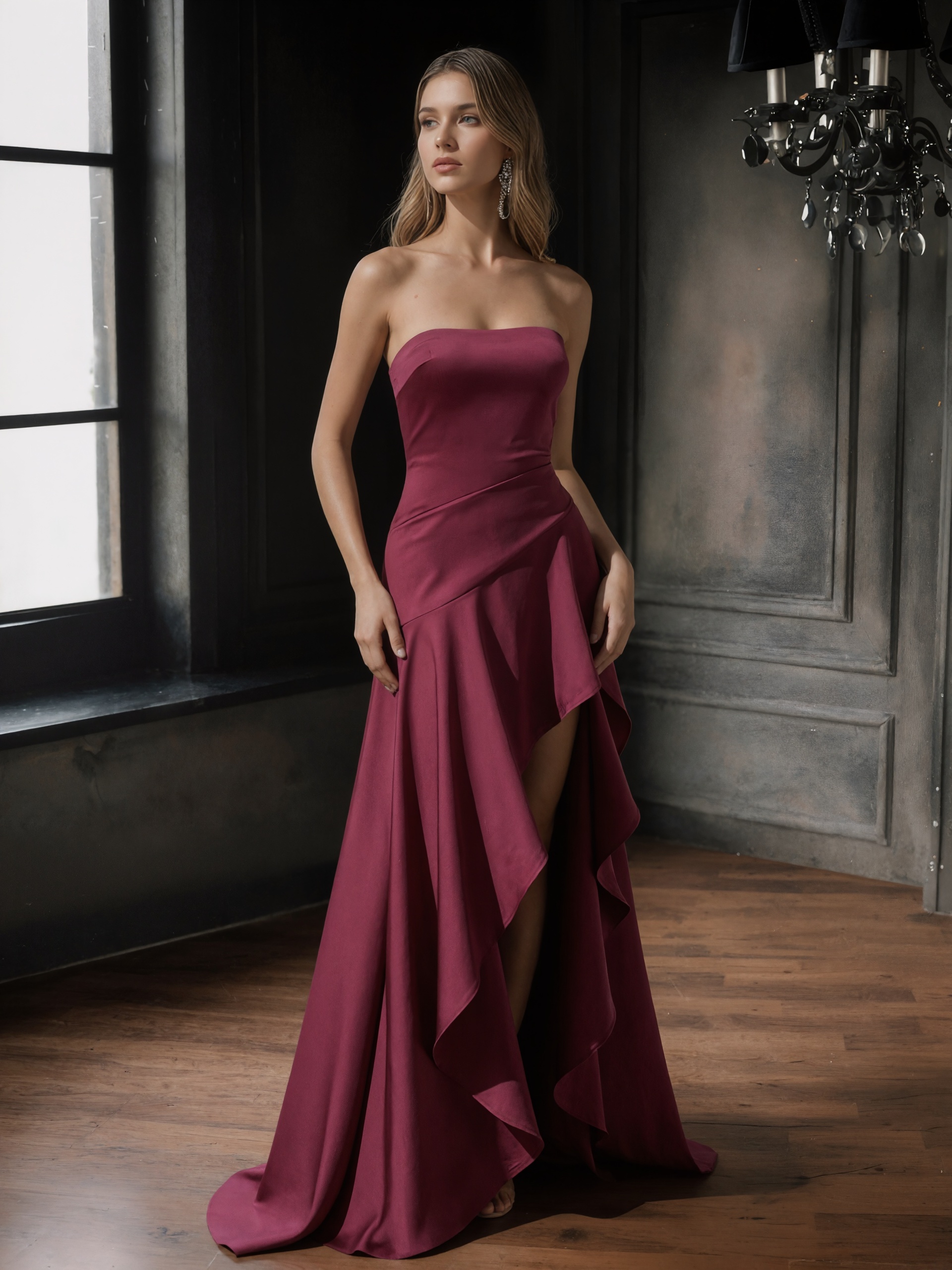 A-Line Strapless Satin Floor-Length Dress with Ruffled Side Detail, High Slit & Sweep Train for Prom & Gala Events
