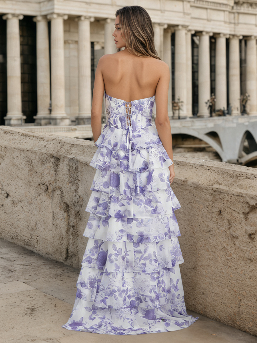 A-Line Halter Deep V-Neck Floral Print Chiffon Floor-Length Dress with Tiered Ruffled Skirt & High Side Slit for Prom & Gala Events