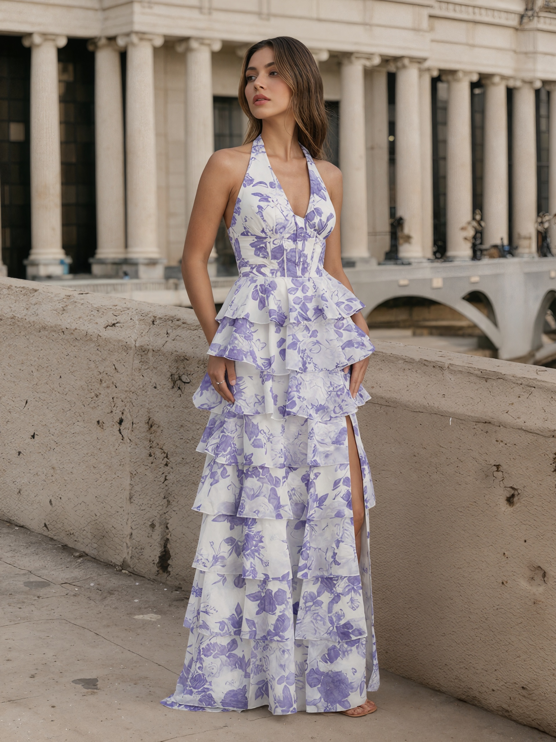 A-Line Halter Deep V-Neck Floral Print Chiffon Floor-Length Dress with Tiered Ruffled Skirt & High Side Slit for Prom & Gala Events