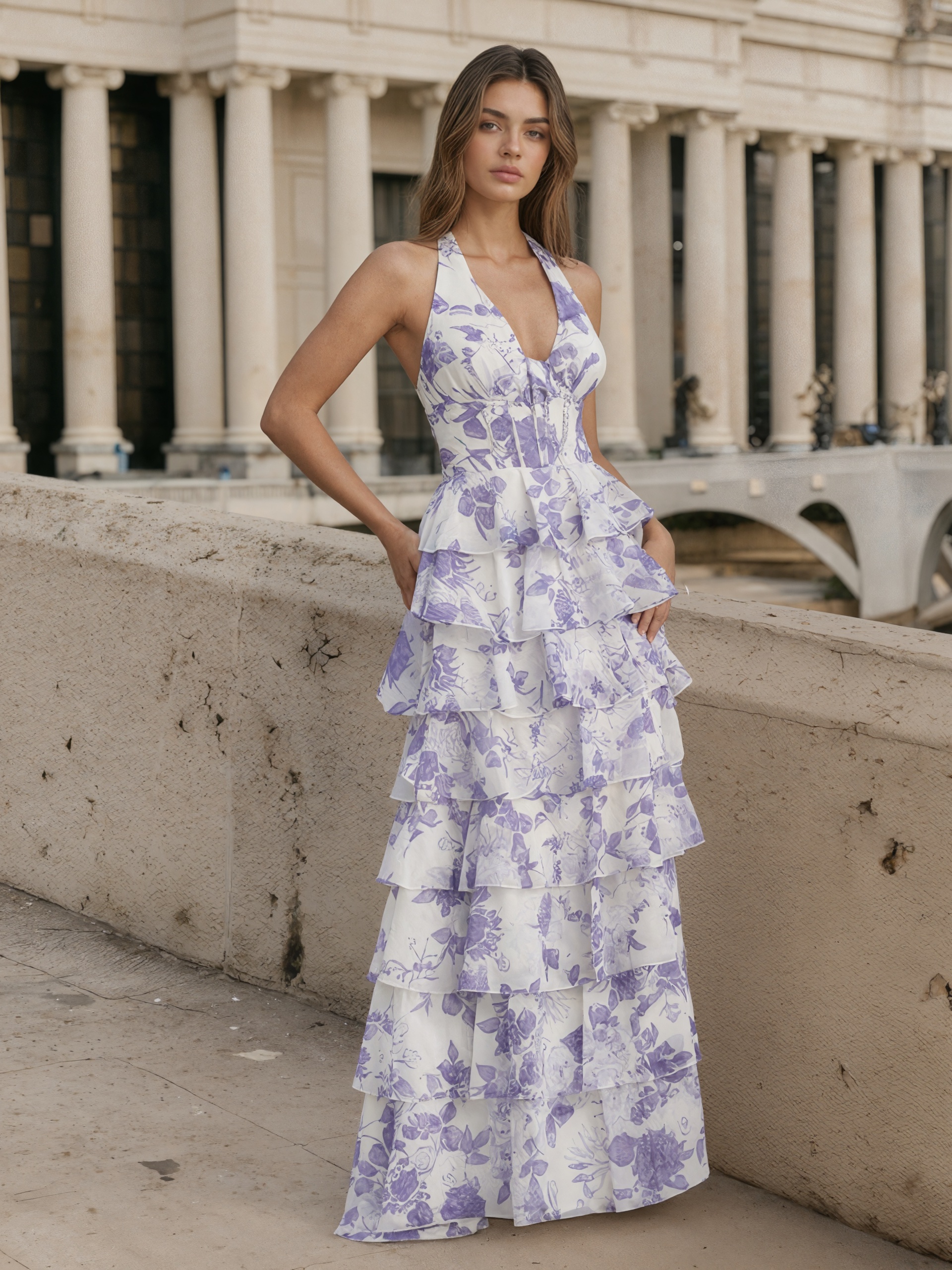 A-Line Halter Deep V-Neck Floral Print Chiffon Floor-Length Dress with Tiered Ruffled Skirt & High Side Slit for Prom & Gala Events