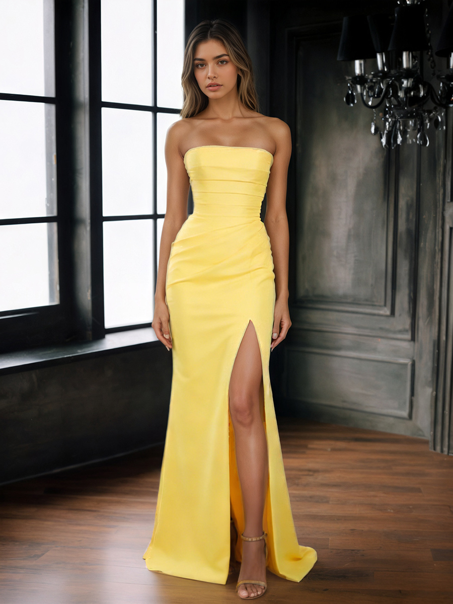 Sheath Strapless Satin Floor-Length Dress with Ruched Waist, High Side Slit & Sweep Train for Prom & Gala Events