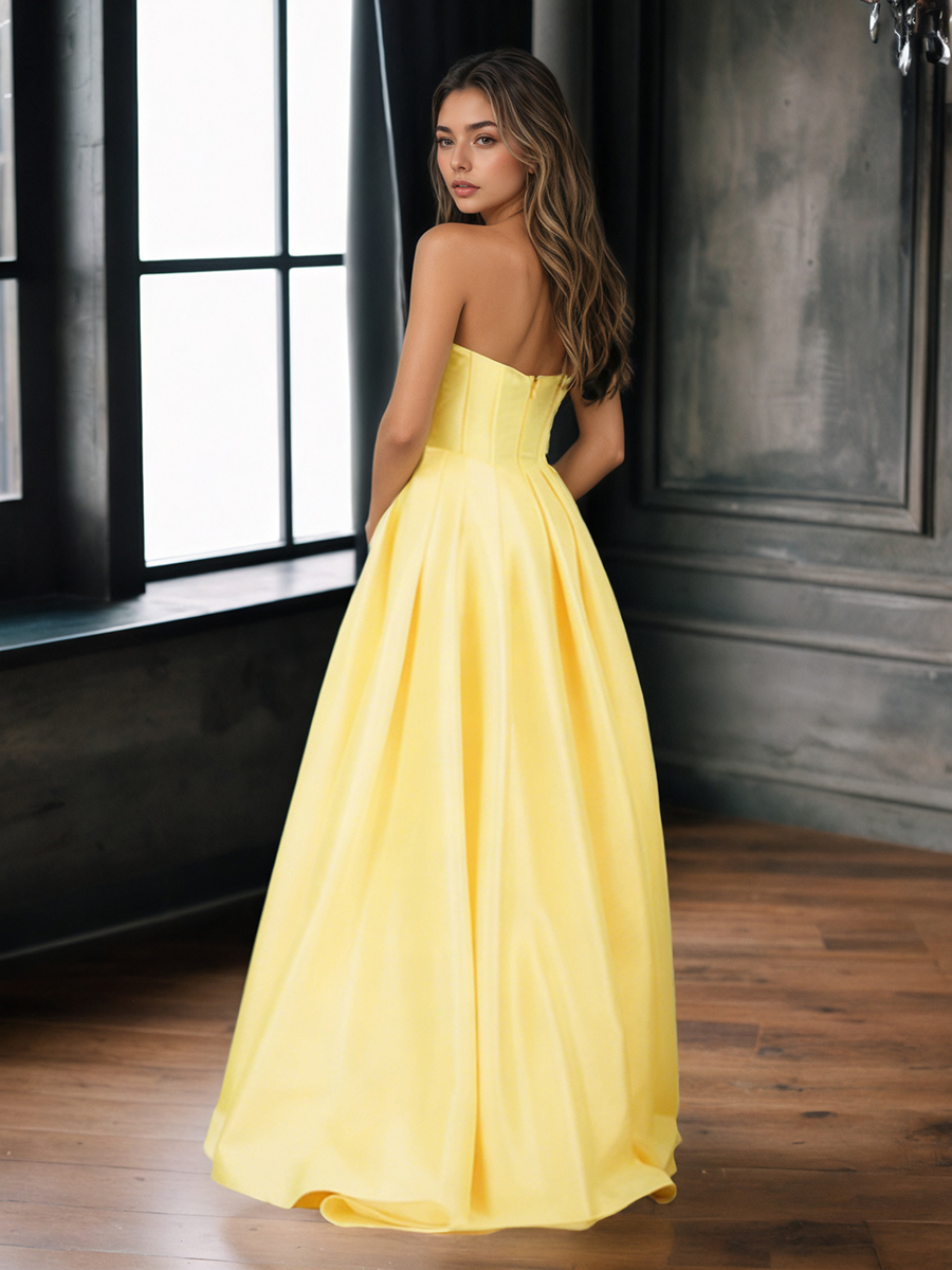 Sheath Strapless Satin Floor-Length Dress with Ruched Waist, High Side Slit & Sweep Train for Prom & Gala Events
