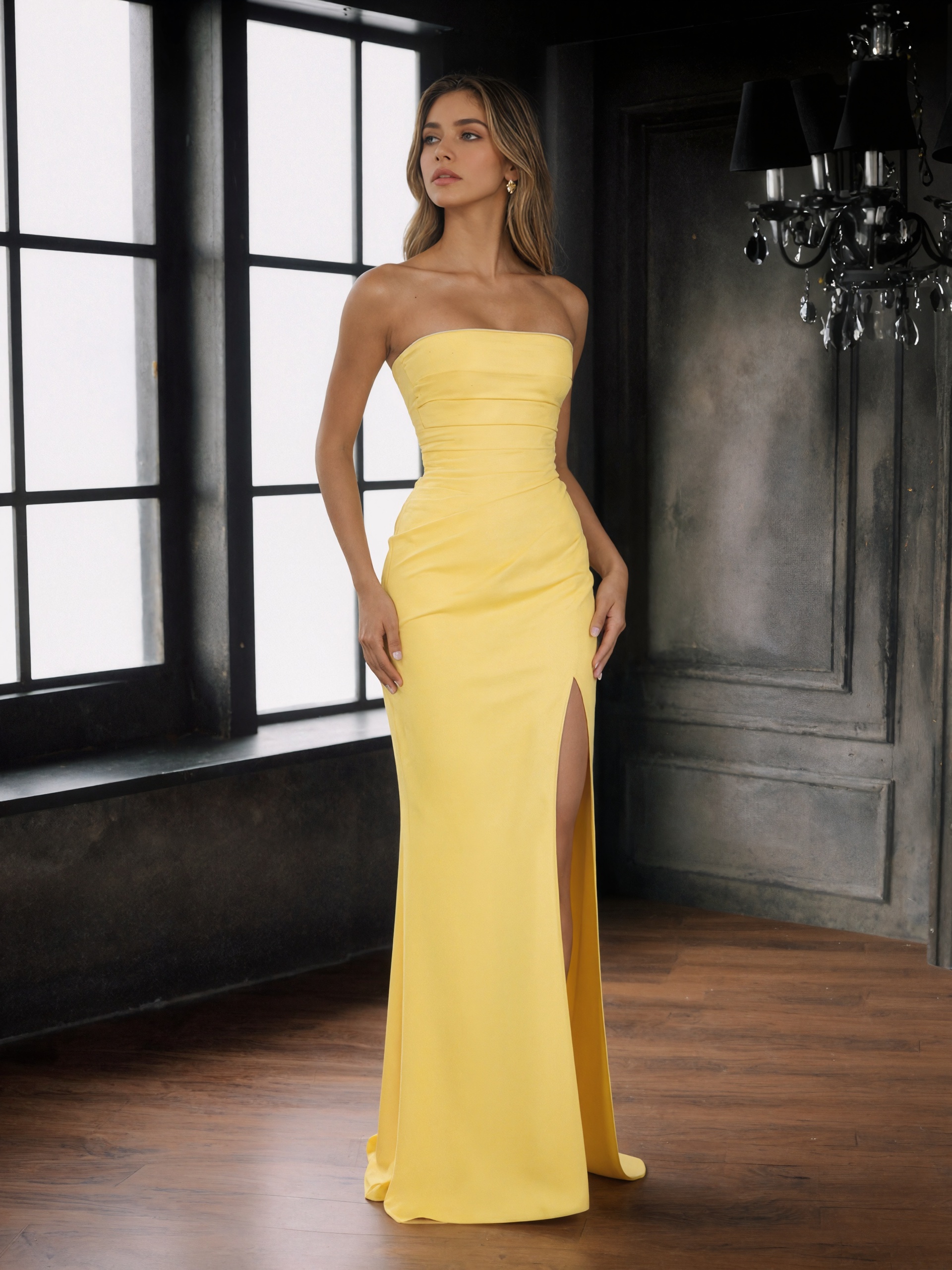 Sheath Strapless Satin Floor-Length Dress with Ruched Waist, High Side Slit & Sweep Train for Prom & Gala Events