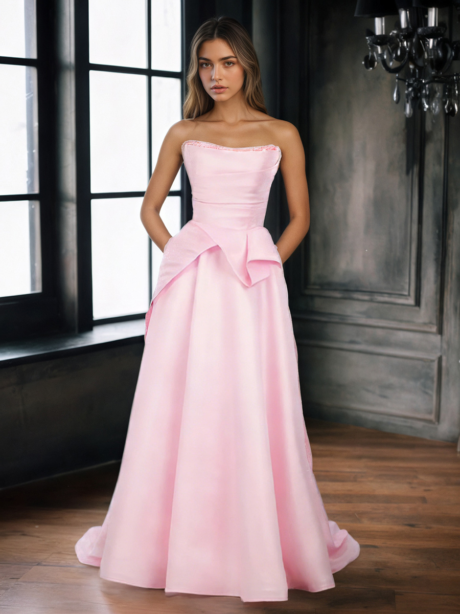 Strapless Satin Bow-Accented A-Line Floor-Length Prom Dress