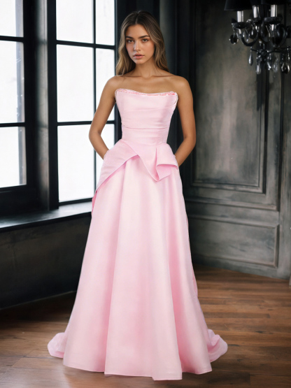 Strapless Satin Bow-Accented A-Line Floor-Length Prom Dress