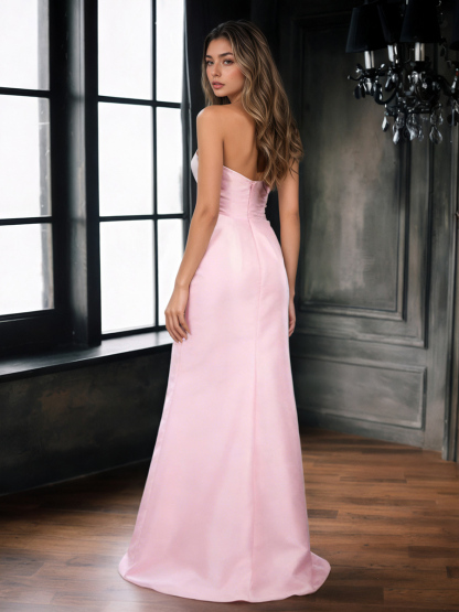Strapless Satin Bow-Accented A-Line Floor-Length Prom Dress