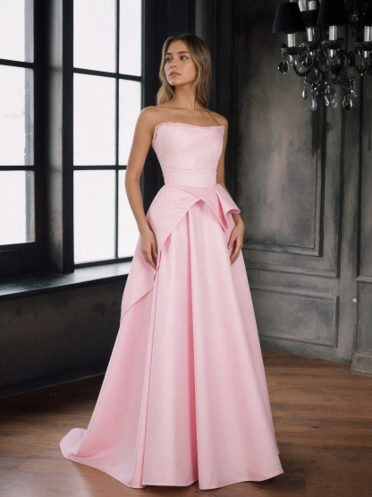 Strapless Satin Bow-Accented A-Line Floor-Length Prom Dress