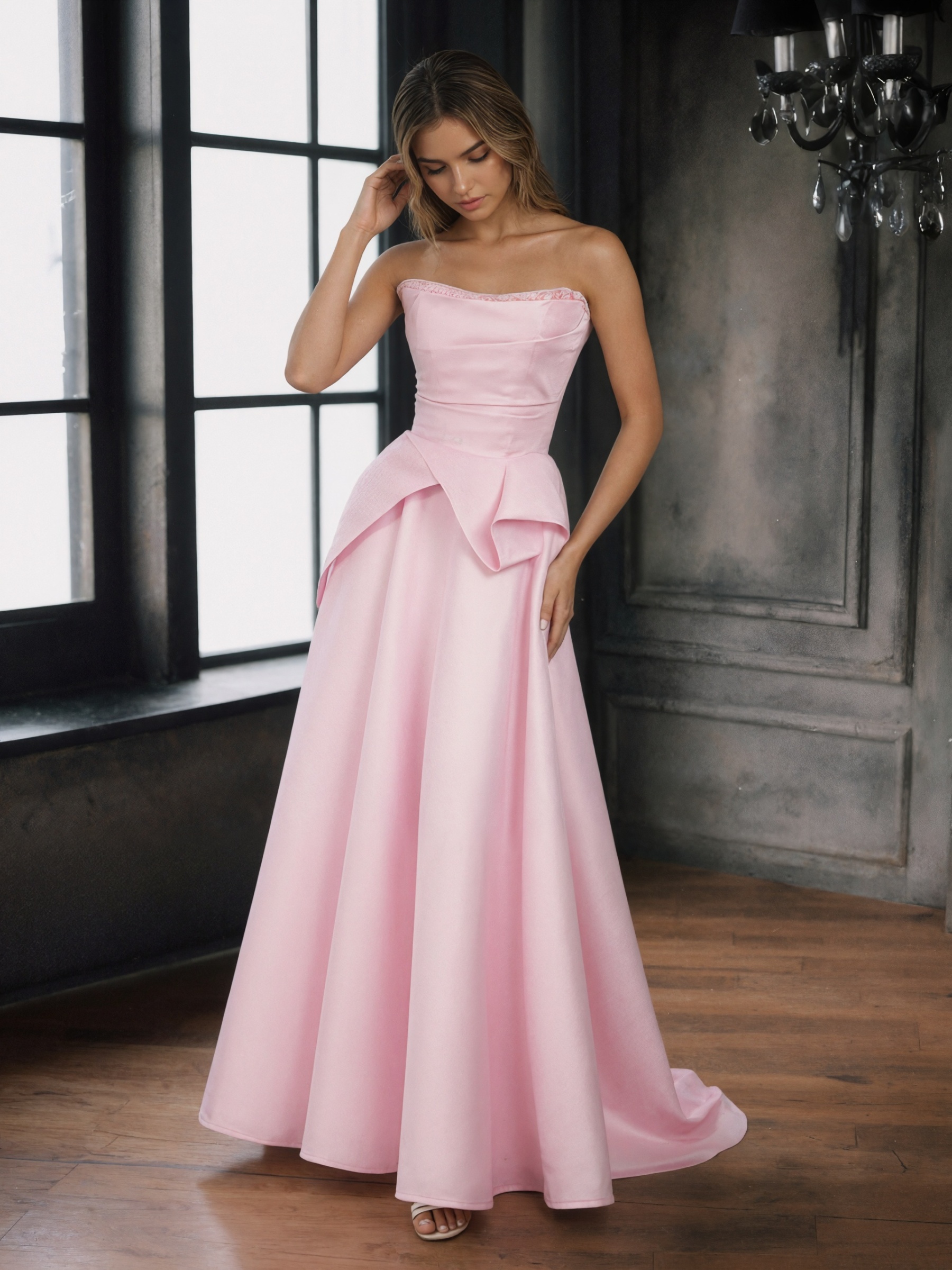 Strapless Satin Bow-Accented A-Line Floor-Length Prom Dress