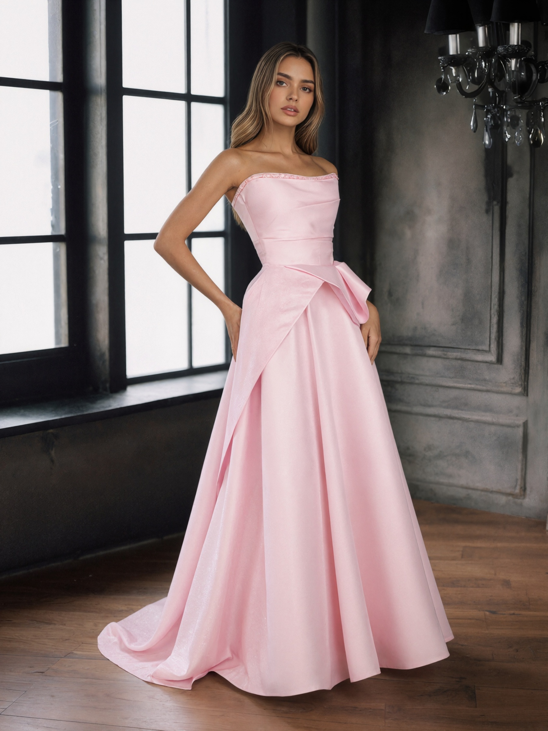 Strapless Satin Bow-Accented A-Line Floor-Length Prom Dress