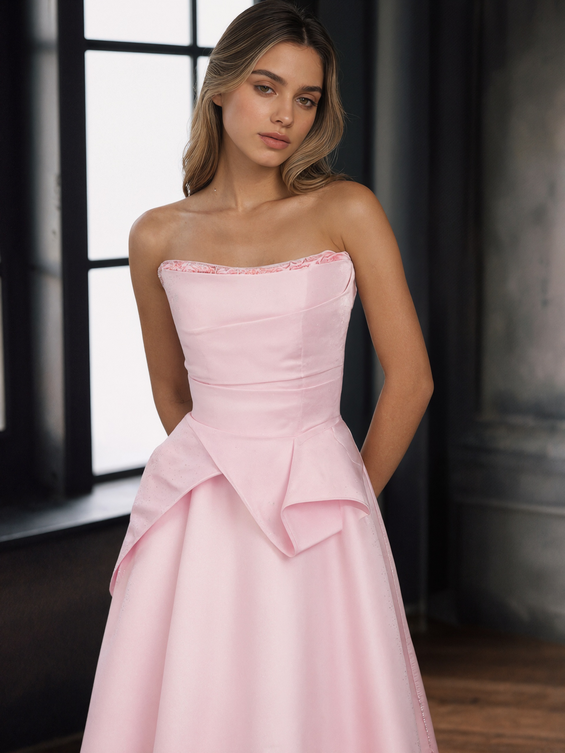 Strapless Satin Bow-Accented A-Line Floor-Length Prom Dress