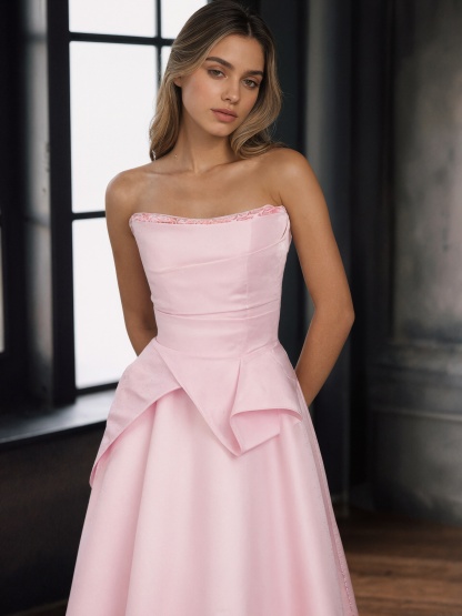 Strapless Satin Bow-Accented A-Line Floor-Length Prom Dress