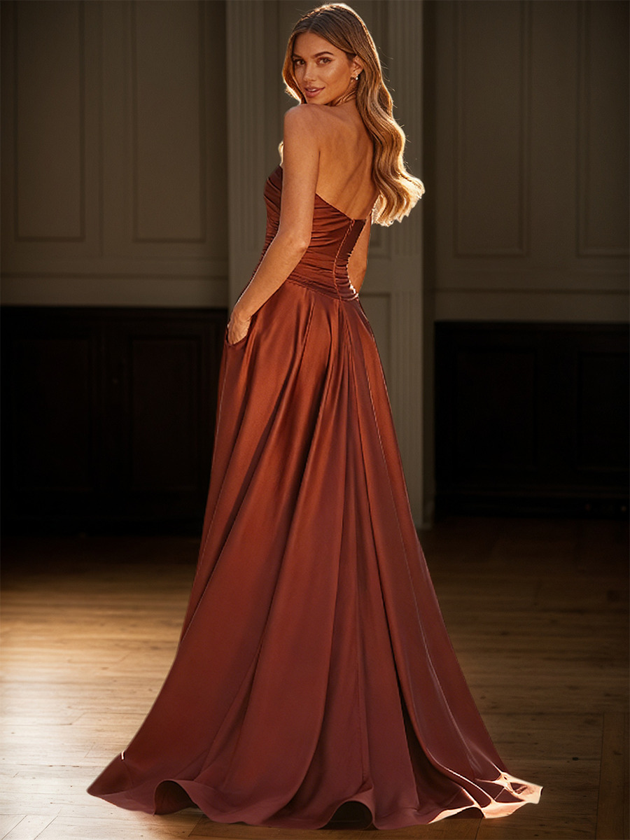 Sweetheart Neck Ruched Bodice Satin Floor-Length High Slit Gown For Prom Party
