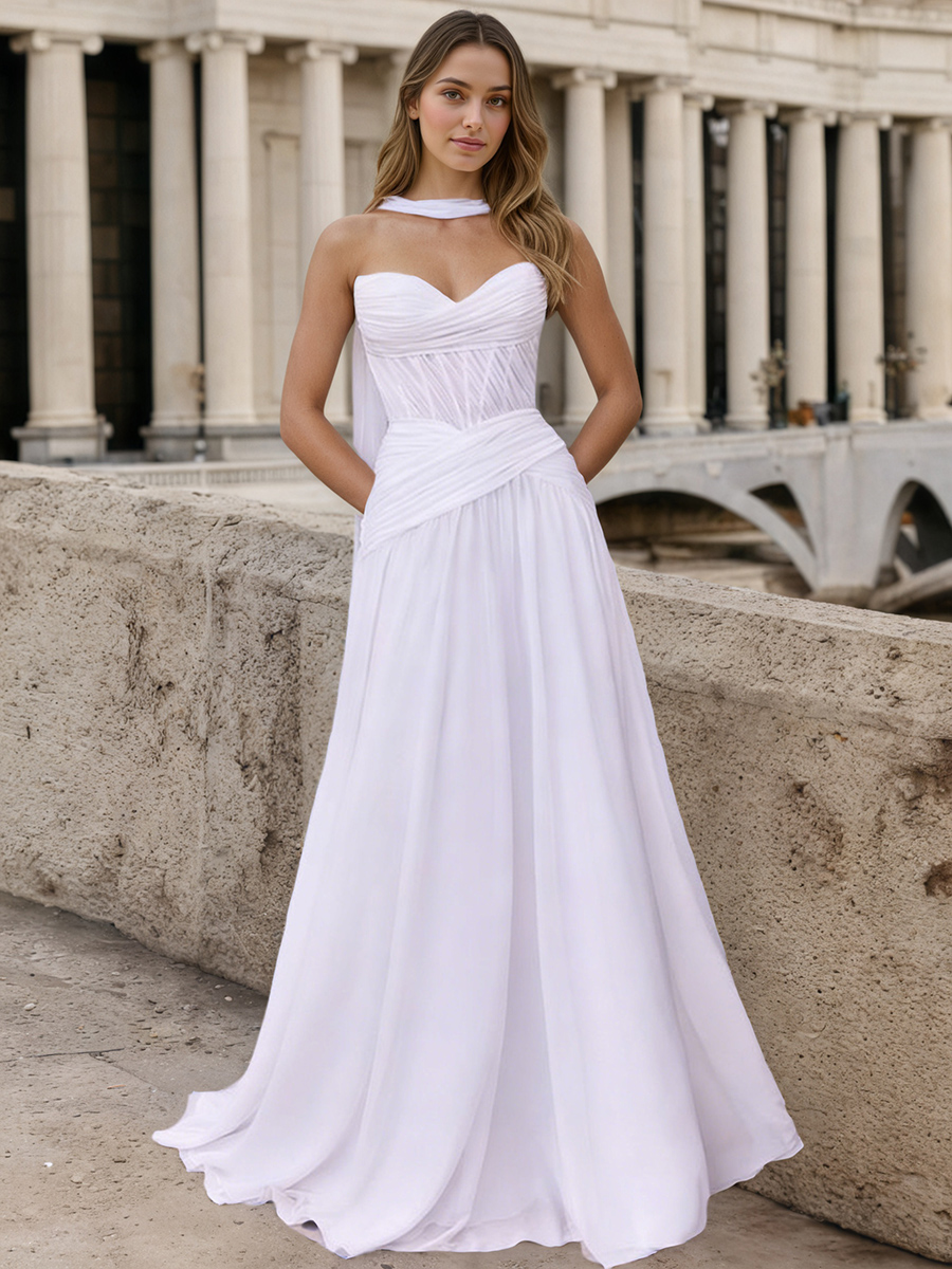 Ruched Halter Neck Chiffon A-Line Floor-Length Prom Dress