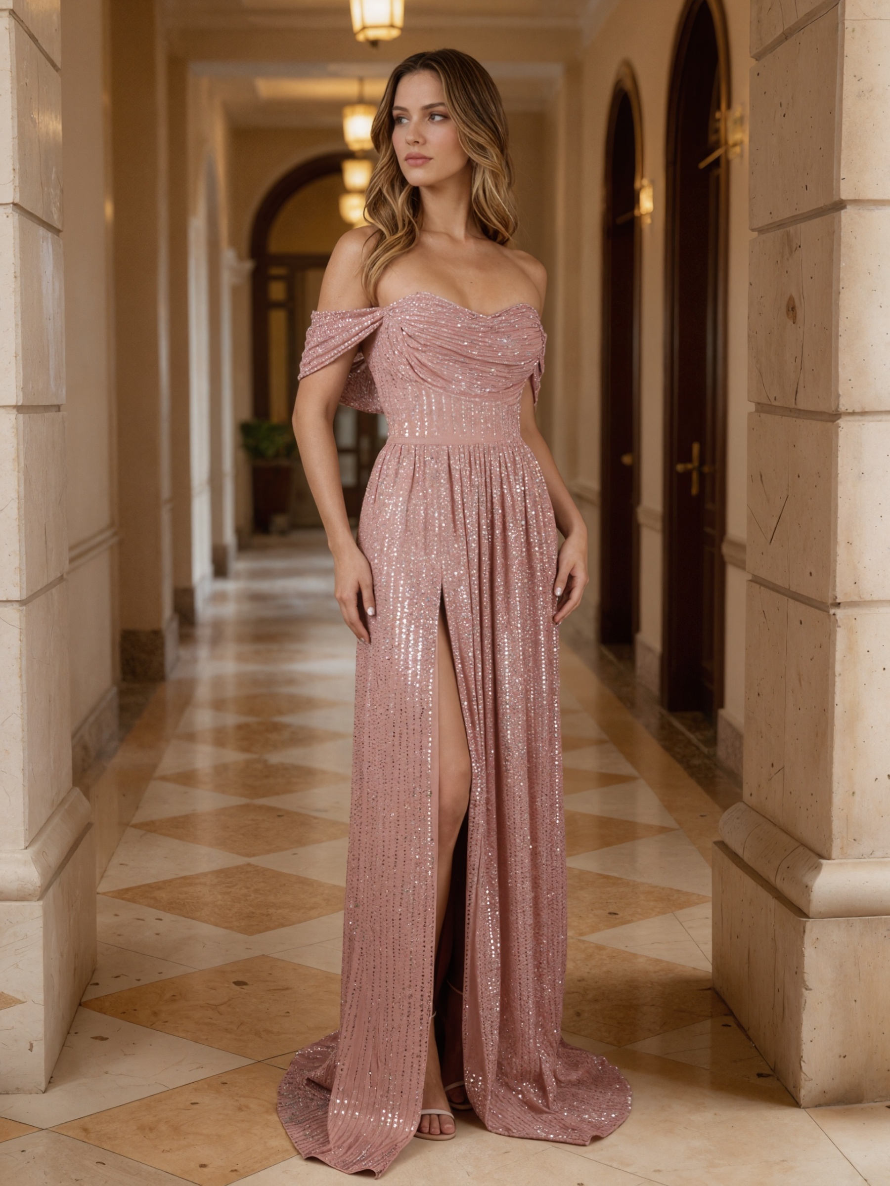 Sequin-Embellished Off-the-Shoulder Sheath Floor-Length Prom Dress