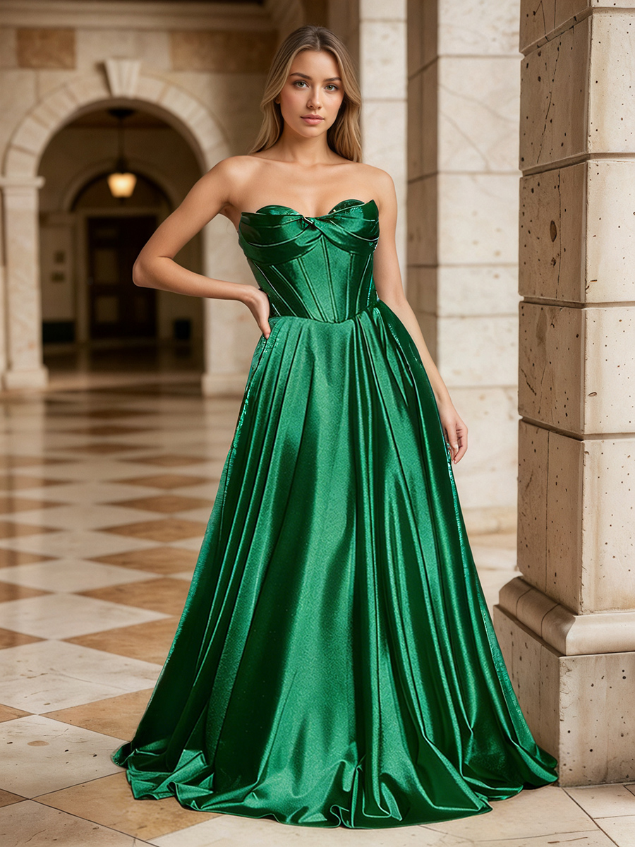 Bow-Accented Strapless Satin A-Line Floor-Length Prom Dress