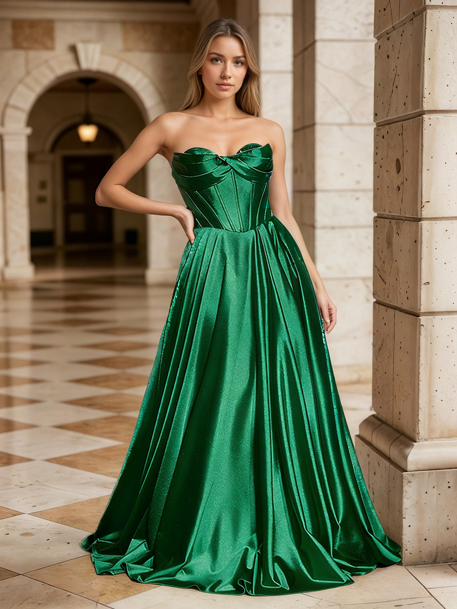 Bow-Accented Strapless Satin A-Line Floor-Length Prom Dress