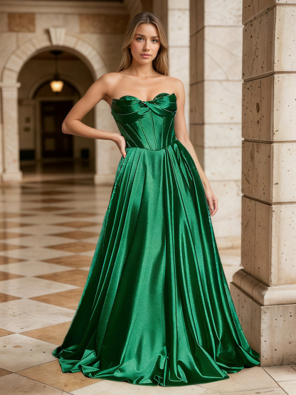 Bow-Accented Strapless Satin A-Line Floor-Length Prom Dress