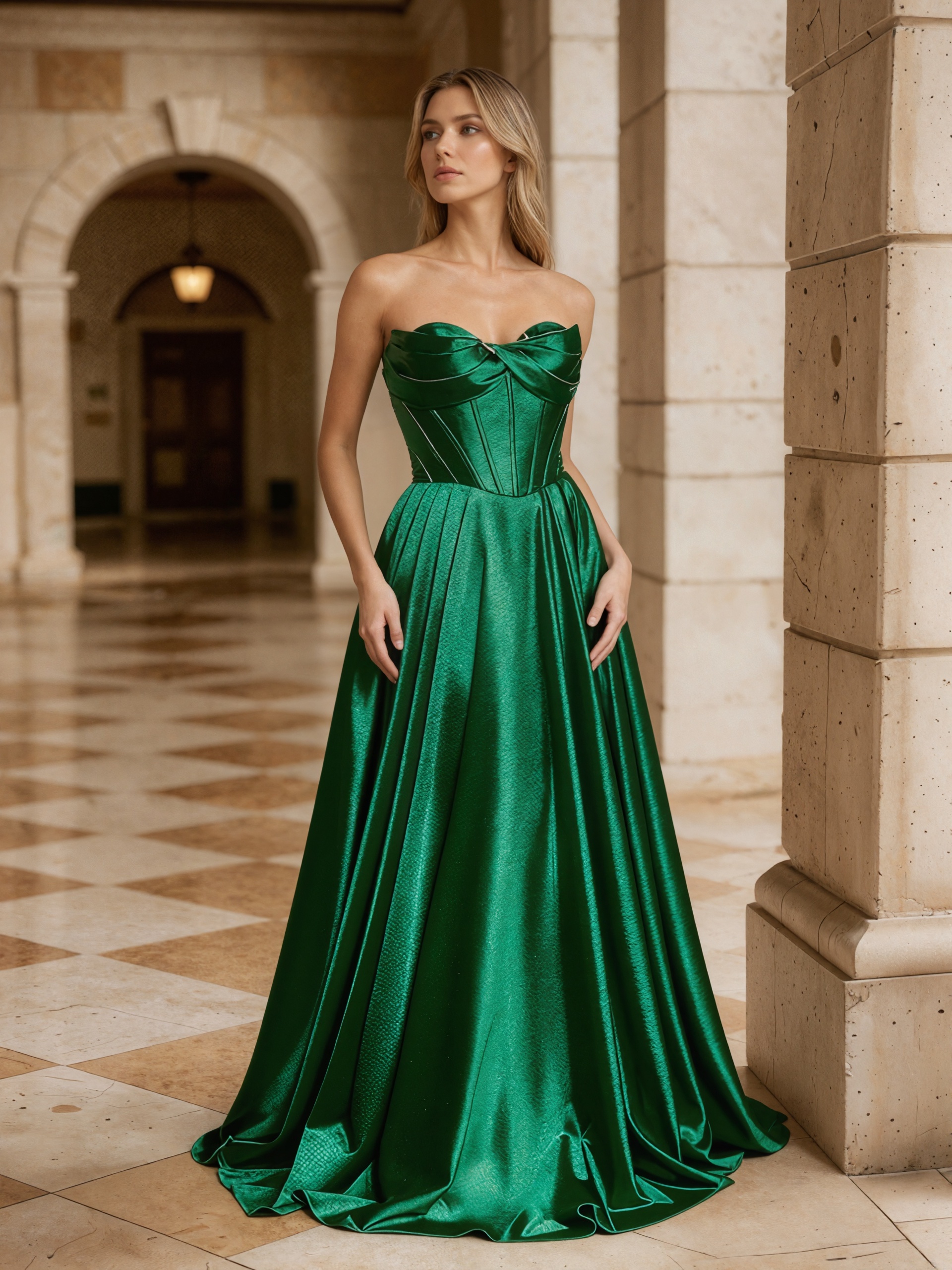 Bow-Accented Strapless Satin A-Line Floor-Length Prom Dress