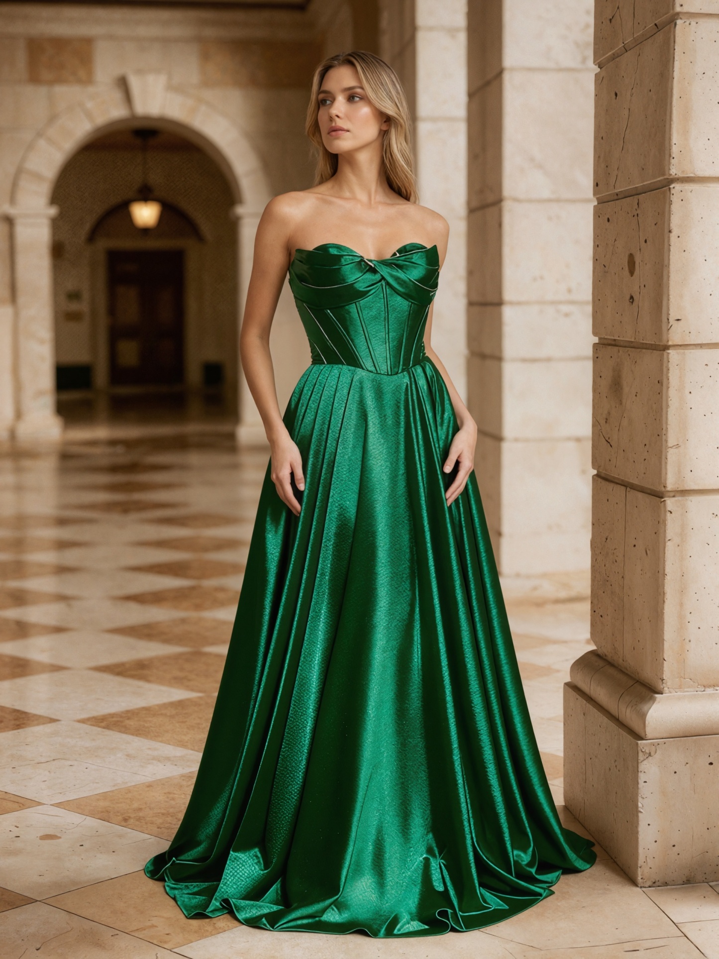 Bow-Accented Strapless Satin A-Line Floor-Length Prom Dress