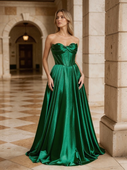 Bow-Accented Strapless Satin A-Line Floor-Length Prom Dress