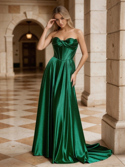 Bow-Accented Strapless Satin A-Line Floor-Length Prom Dress