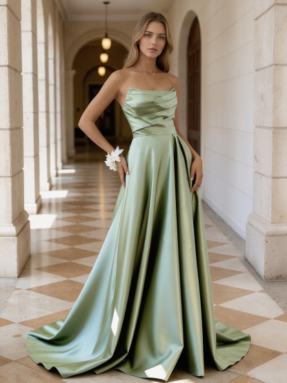 Ruched Strapless Satin A-Line Floor-Length Prom Dress