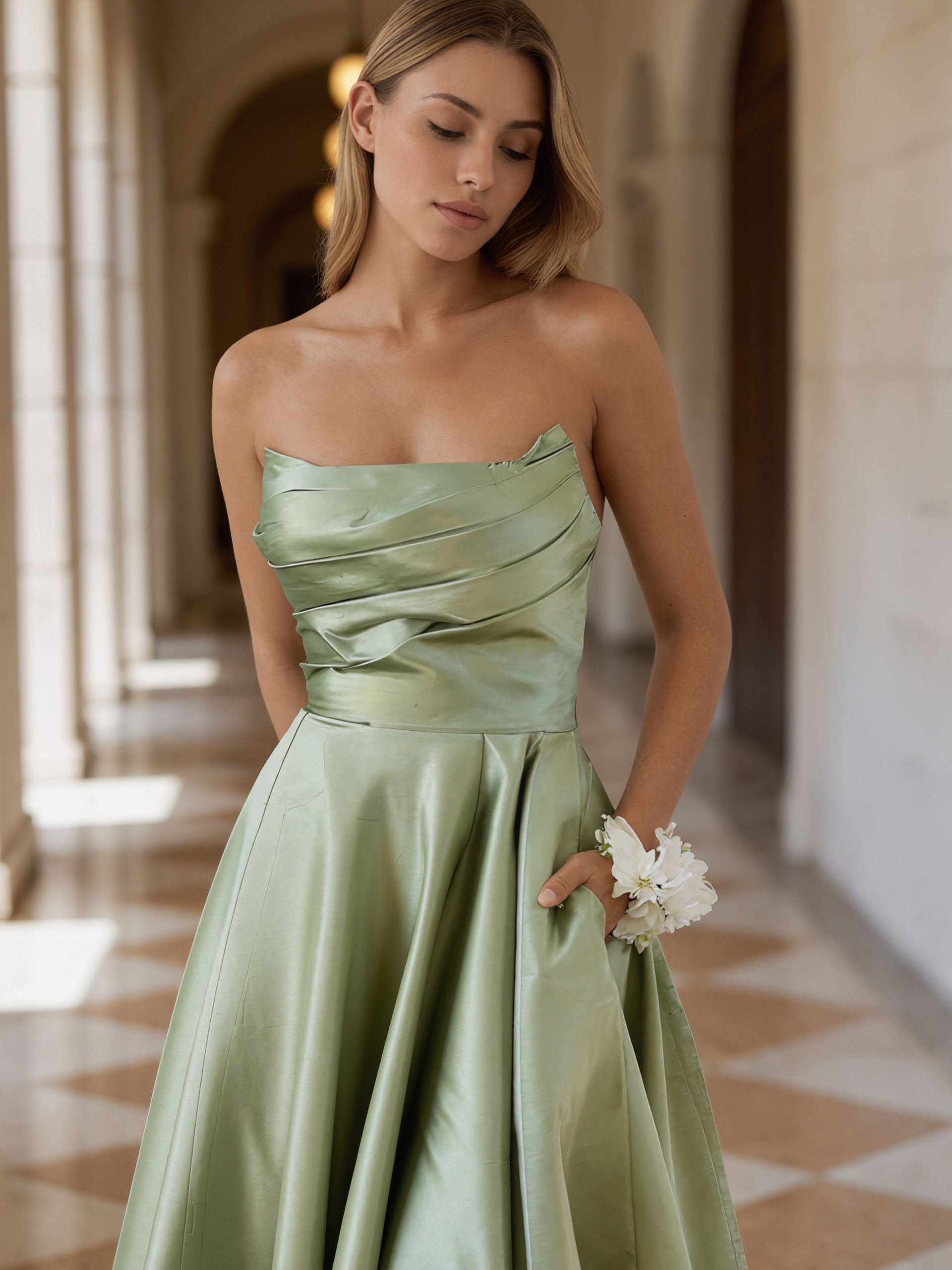 Ruched Strapless Satin A-Line Floor-Length Prom Dress
