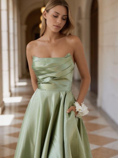 Ruched Strapless Satin A-Line Floor-Length Prom Dress