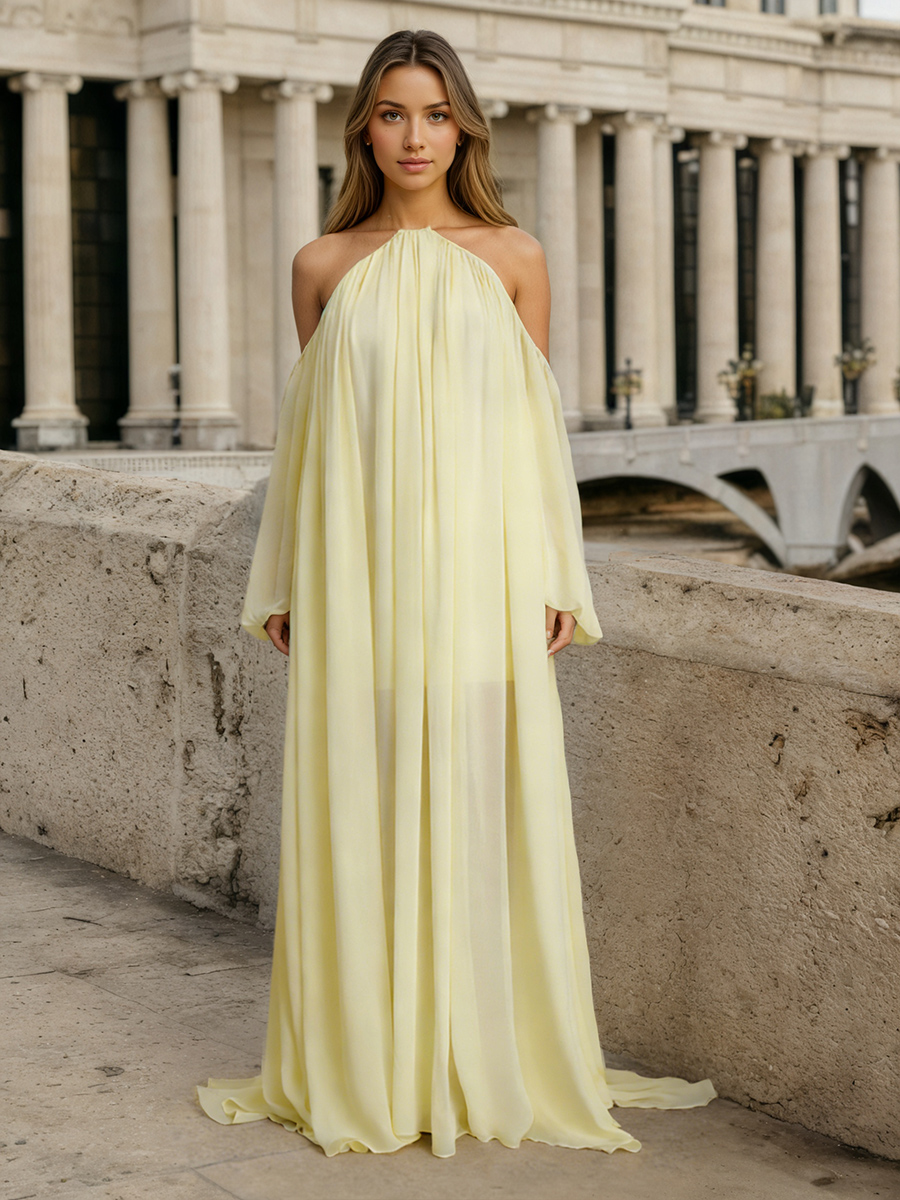 Pleated Halter Neck Chiffon A-Line Floor-Length Prom Dress