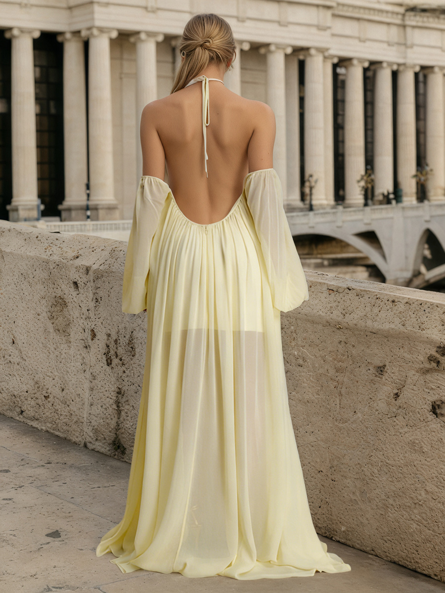 Pleated Halter Neck Chiffon A-Line Floor-Length Prom Dress
