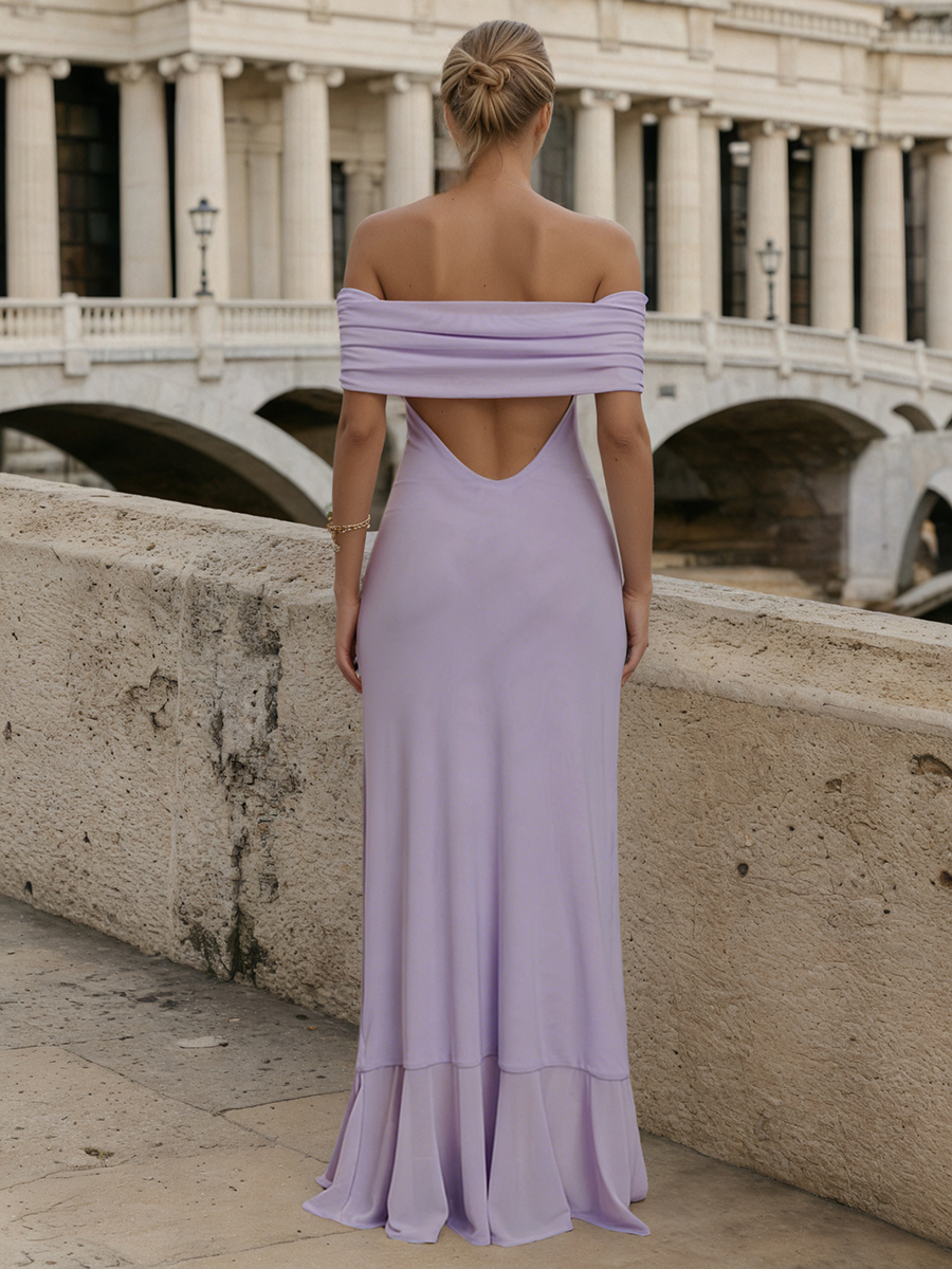 Ruffled Off-the-Shoulder Chiffon Sheath Floor-Length Prom Dress