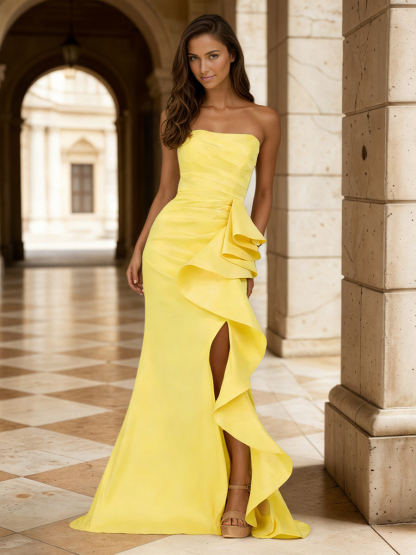 Ruffled Strapless Satin Mermaid Floor-Length Prom Dress